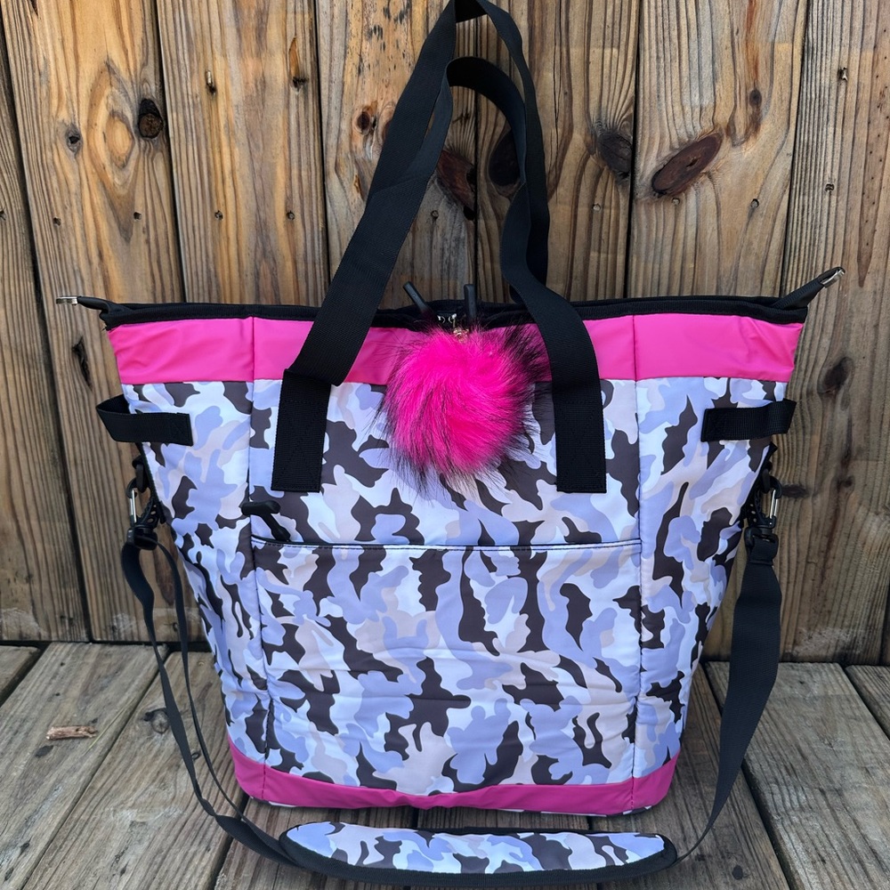 🩷NEW CAMOUFLAGE PRINT INSULATED COOLER LUNCH TOTE BAG SACK FAMILY SIZE PINK TRIM